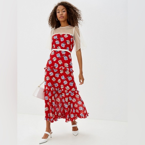 Sister Jane Red Maxi Midi Sundress Tiered Lace Sheer Ruffle Floral Dress - Picture 3 of 7